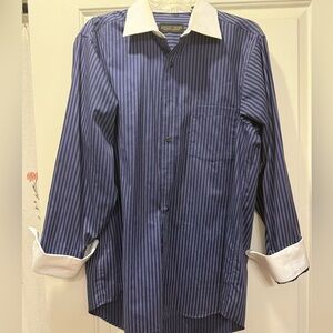 Elegant Navy Striped Dress Shirt with White Collar